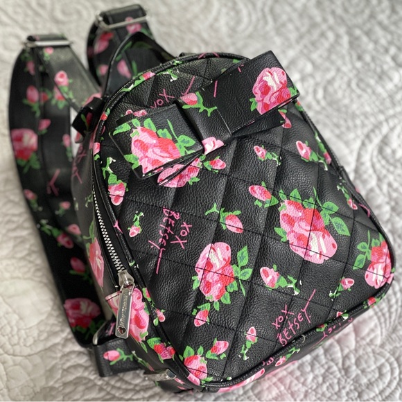 Betsey Johnson Floral Black Mini Backpack with Pink Accents - Picture 1 of 12